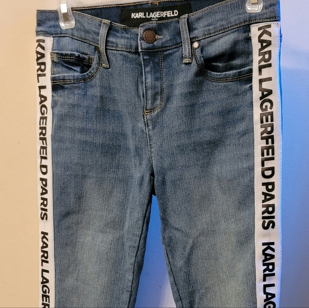 KARL LAGERFELD - Logo Taping Jeans Size 2 Side Tuxedo Ribbon Stripe Slim Ankle